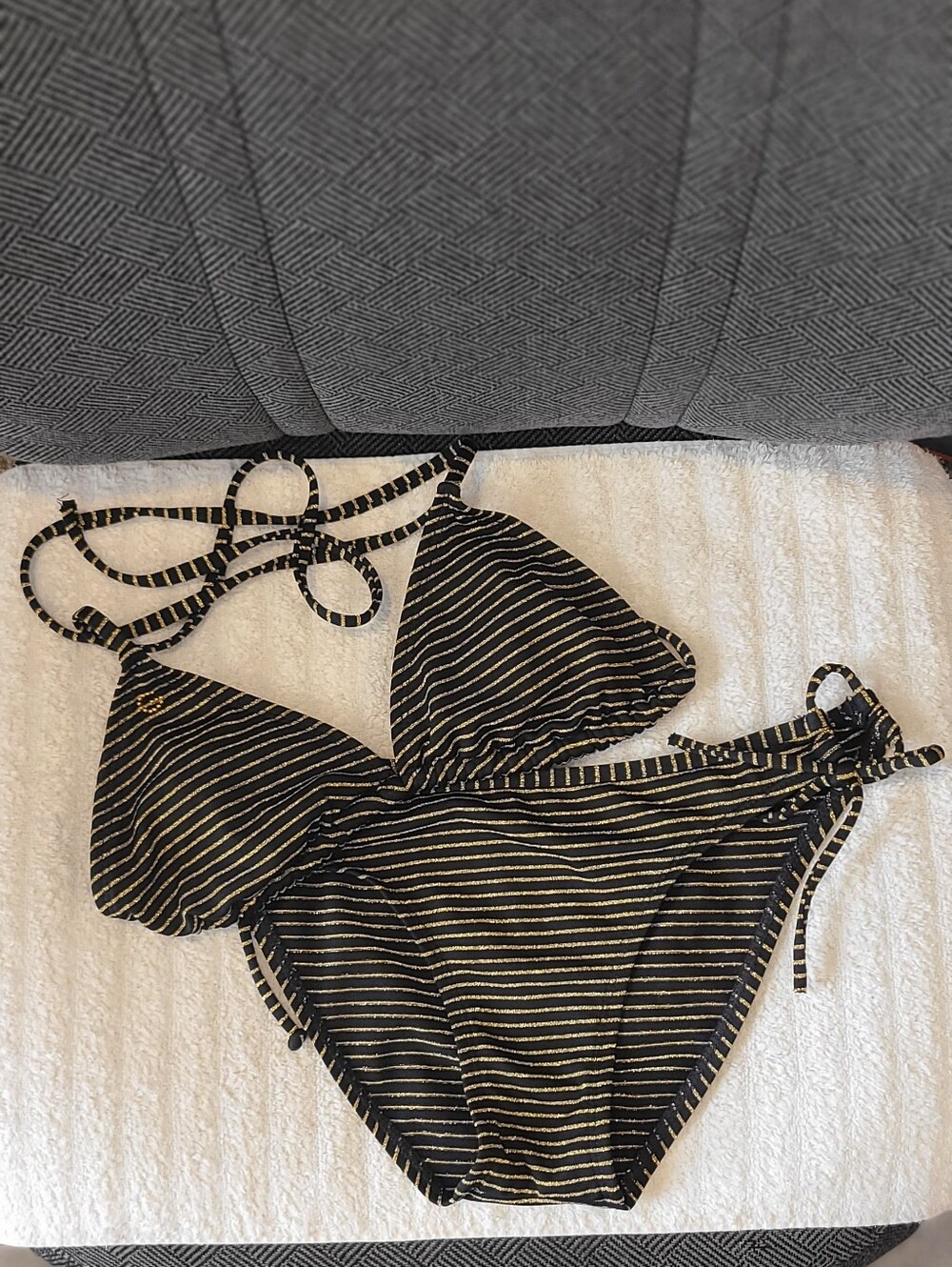 Guess Black and Gold Striped Triangle Bikini Set